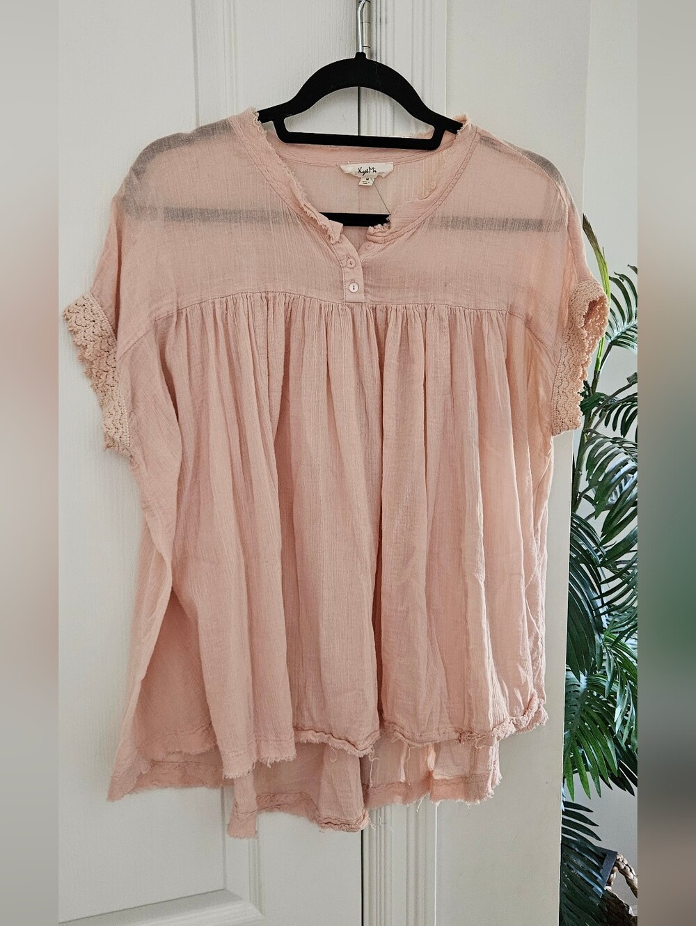 Light Pink Cotton Gauze Peasant Tunic with Crochet Trim